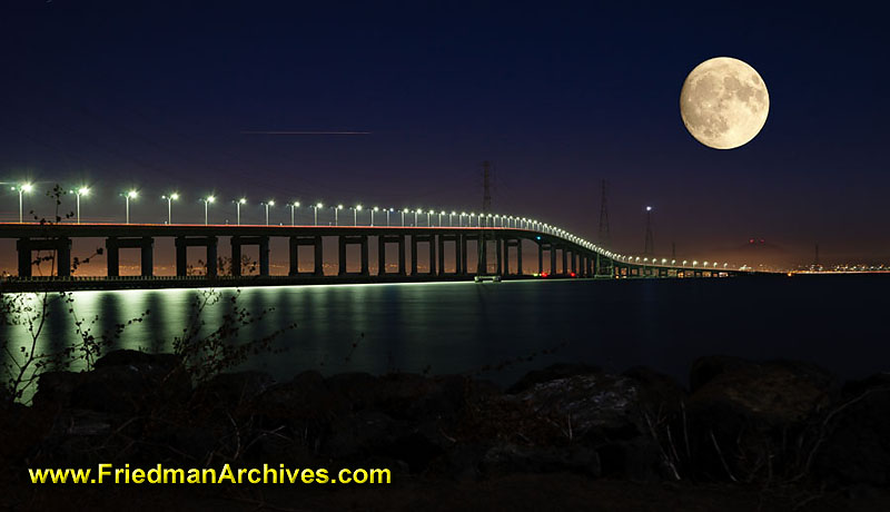 bridge,time exposure,blue,lights,world's,longest,moon,superimposed,